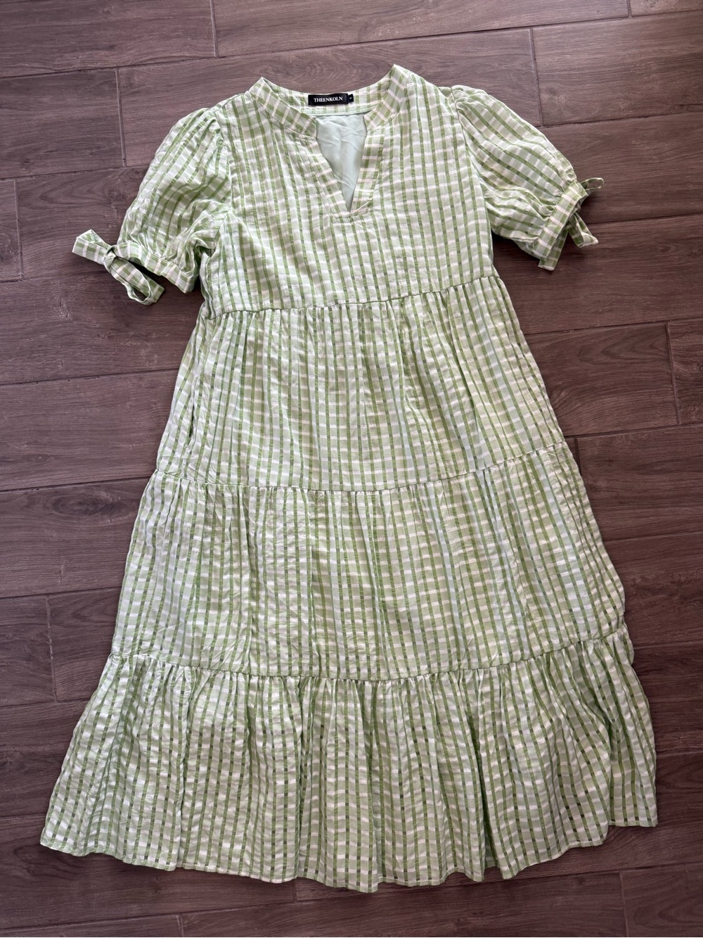 THEENKOLN Green Gingham Tiered Midi Dress, has pockets!
